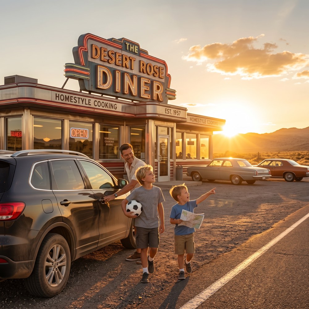 A family on a summer road trip together, kids looking out the car window