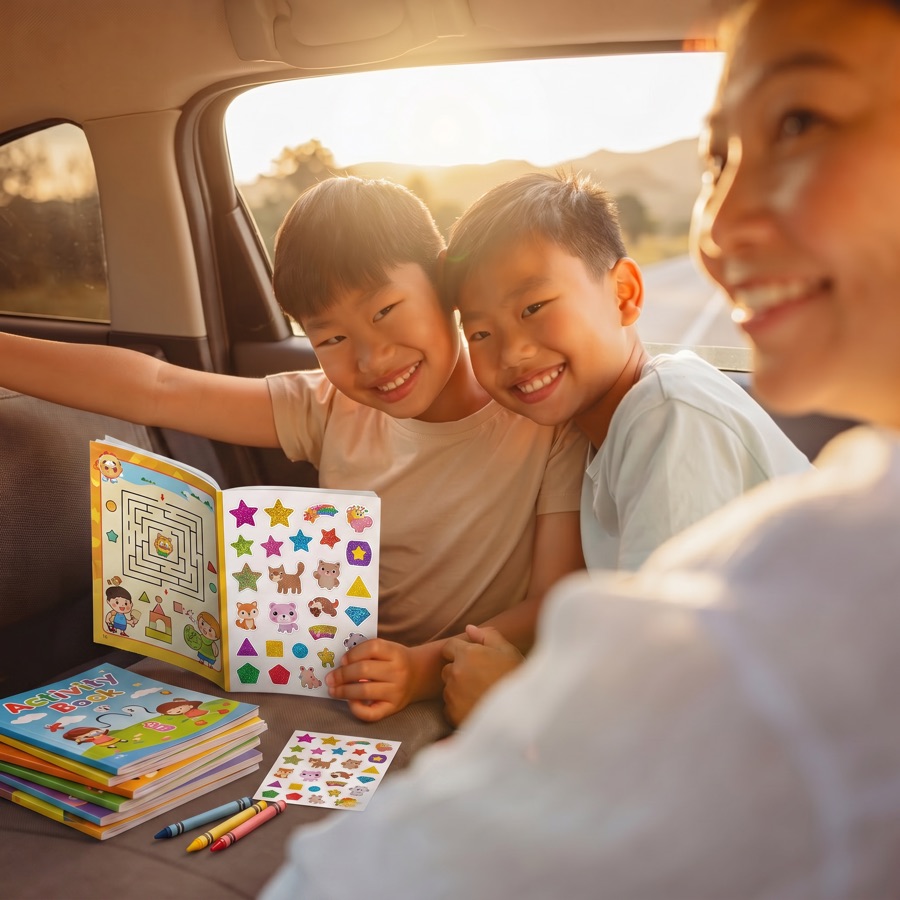 A child's road-trip activity book with colorful stickers on the seat of a car